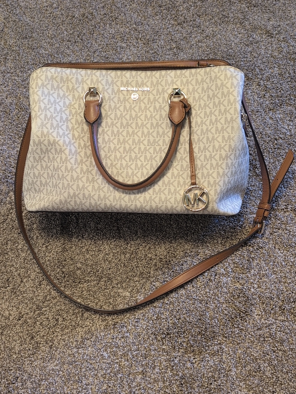 Michael Kors Beige Logo Satchel with Brown Trim